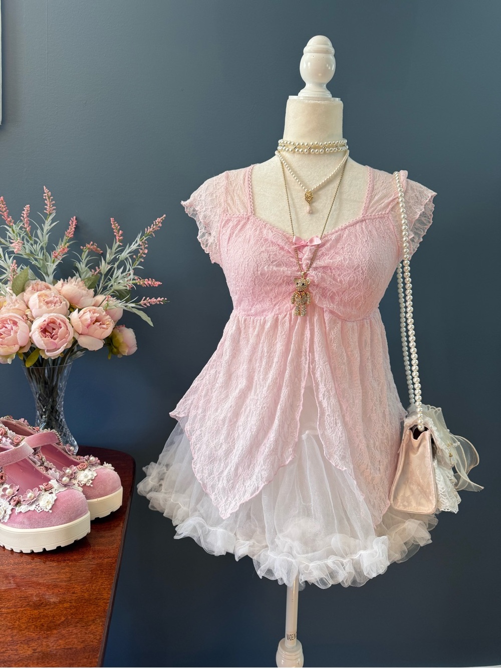 Y2K Pink Lace Babydoll Fairy Top | Coquette Balletcore Handkerchief Hem